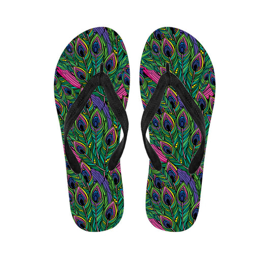 Boho Peacock Feather Pattern Hawaiian Outfit with Matching Flip Flops - 1