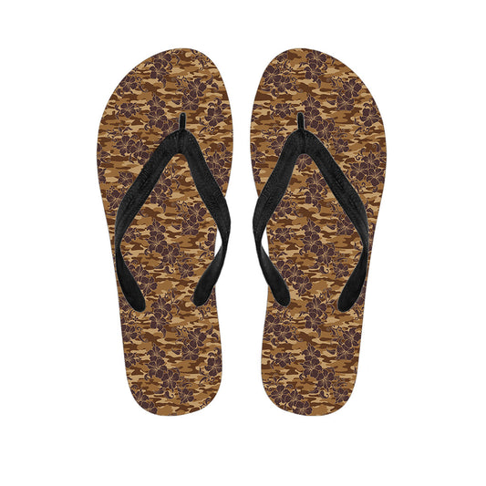 Brown Hawaiian Camo Flower Pattern Print Flip Flops: The Perfect Addition to Your Hawaiian Outfit! - 1