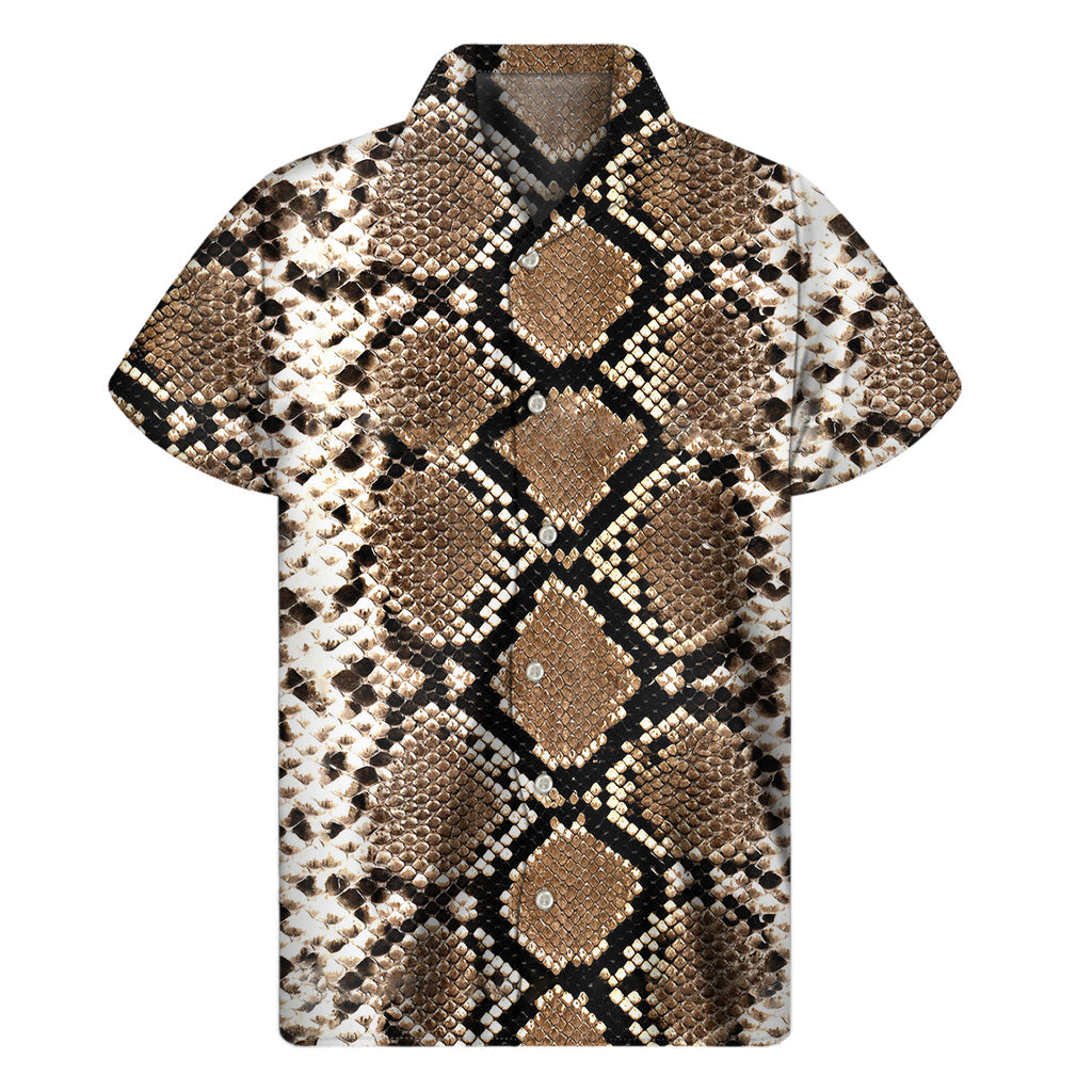 Brown Python Snakeskin Print Hawaiian Short Sleeve Shirt - 1