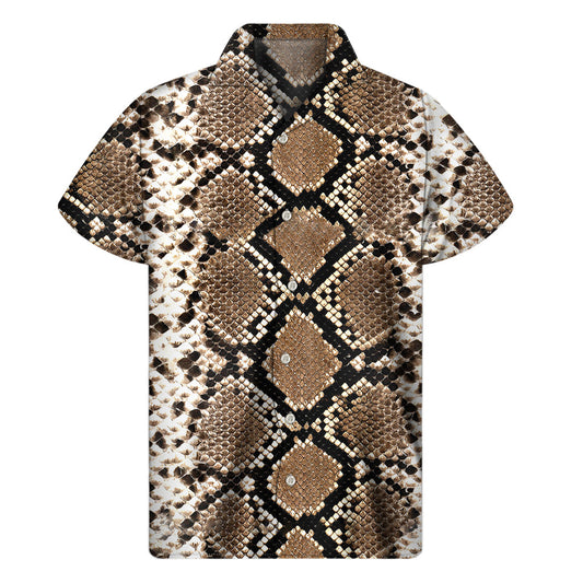 Brown Python Snakeskin Print Hawaiian Short Sleeve Shirt - 1