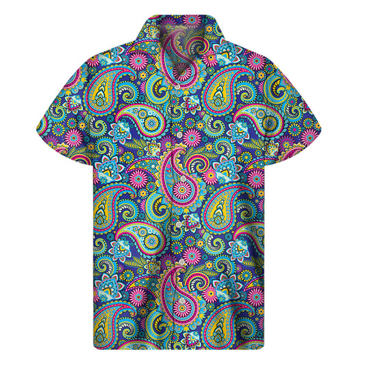 Vibrant Hawaiian Paradise: Men's Colorful Paisley Pattern Short Sleeve Shirt - 1