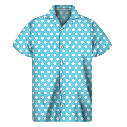 Cyan and White Polka Dot Hawaiian Print Short Sleeve Shirt - 1