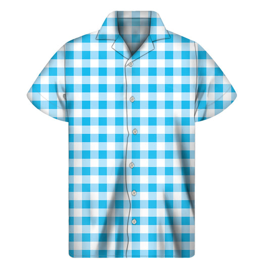Island Breeze: Cyan Blue and White Gingham Hawaiian Short Sleeve Shirt - 1