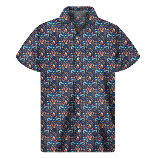 Tropical Vibes: Men's Hawaiian Short Sleeve Shirt with Damask Boho Pattern Print - 1