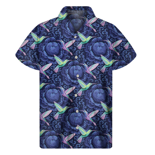 Dark Blue Floral Hawaiian Hummingbird Men's Short Sleeve Shirt - 1