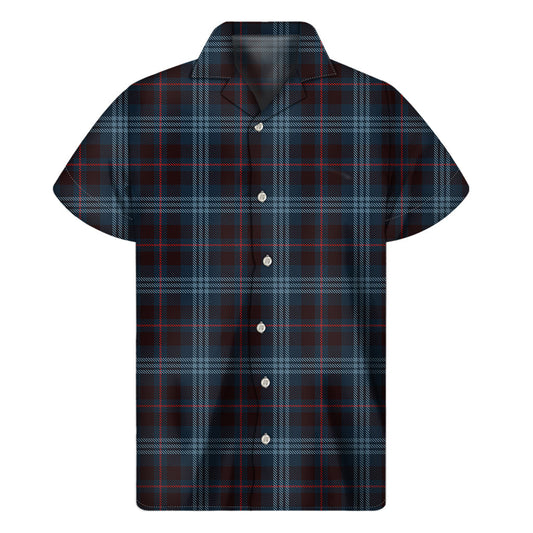 Dark Blue Tartan Hawaiian Print Short Sleeve Shirt - 1