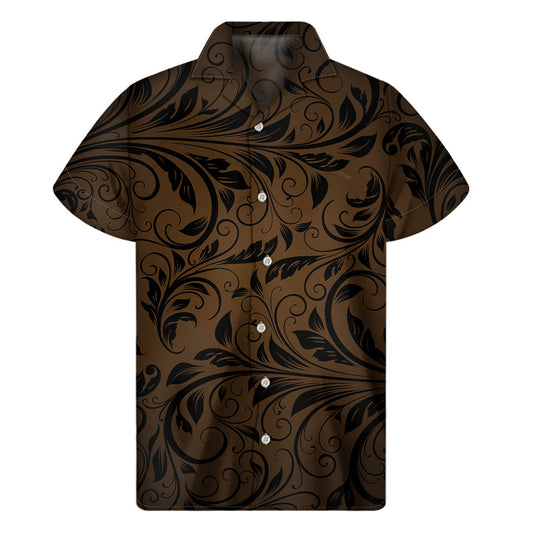 Hawaiian Vibes: Dark Brown Western Damask Print Men's Short Sleeve Shirt - 1