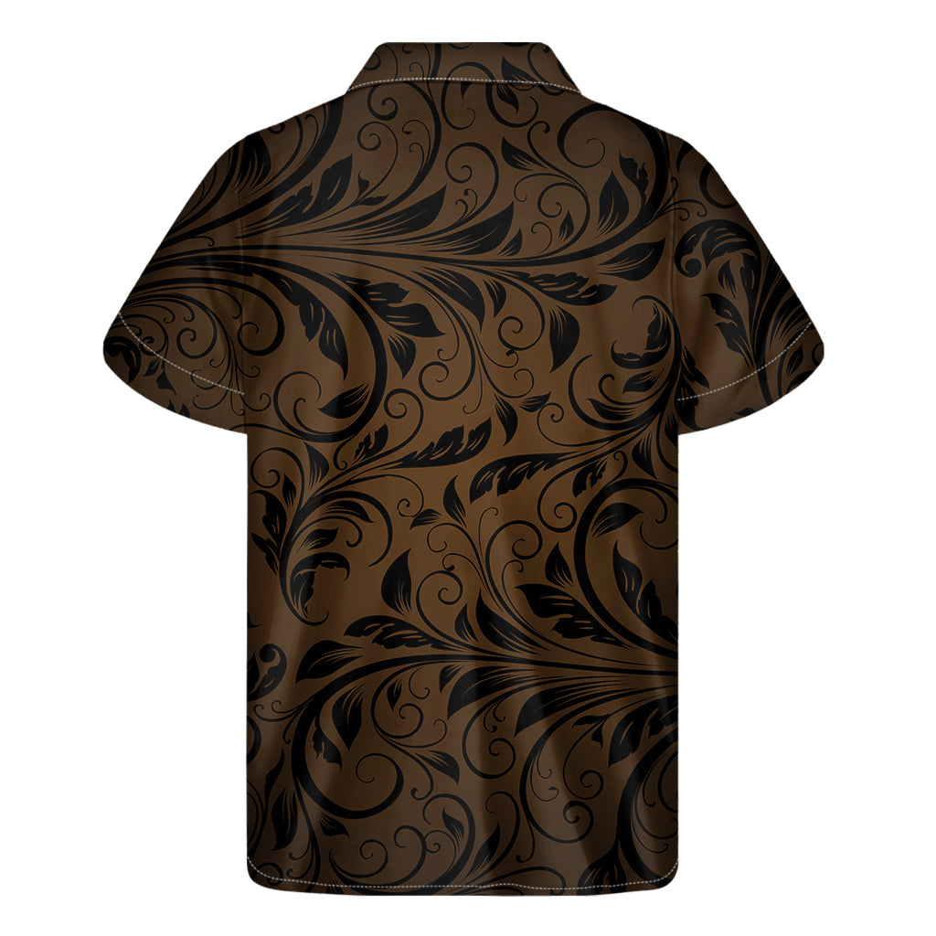 Hawaiian Vibes: Dark Brown Western Damask Print Men's Short Sleeve Shirt - 2