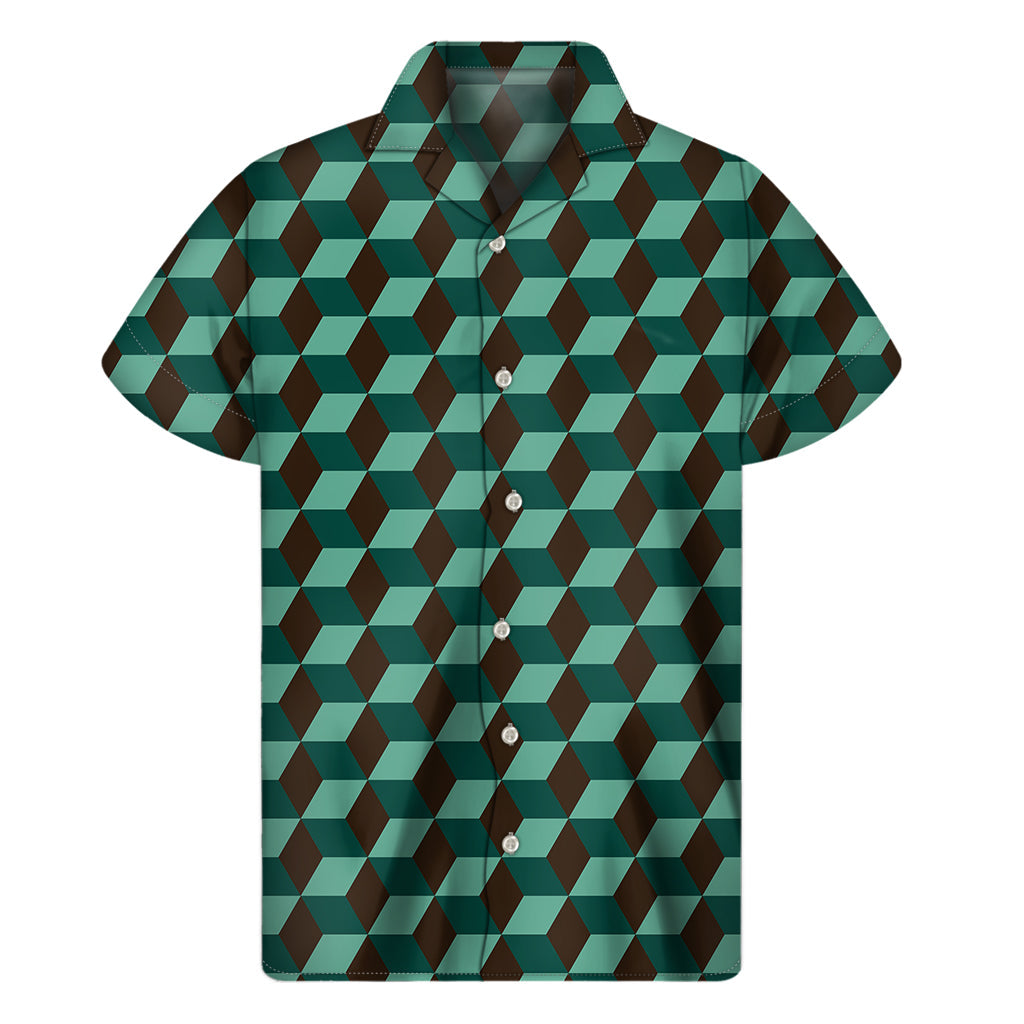 Dark Green Geometric Cube Hawaiian Shirt - 1