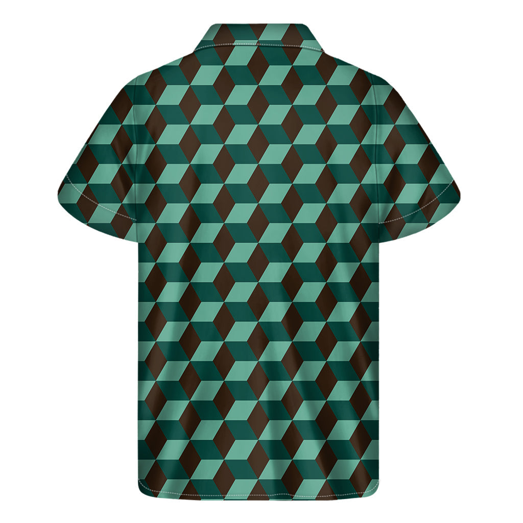 Dark Green Geometric Cube Hawaiian Shirt - 2