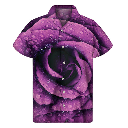 Dark Purple Rose Print Hawaiian Short Sleeve Shirt - 1