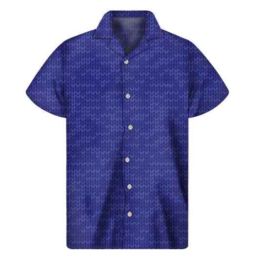 Deep Blue Hawaiian Knitted Pattern Short Sleeve Shirt - 1