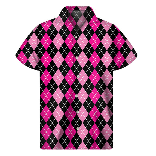 Hawaiian Paradise: Deep Pink and Black Argyle Pattern Men's Short Sleeve Shirt - 1