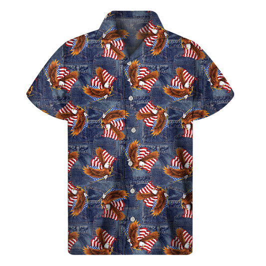 Hawaiian Vibes: Denim American Eagle Print Short Sleeve Shirt - 1