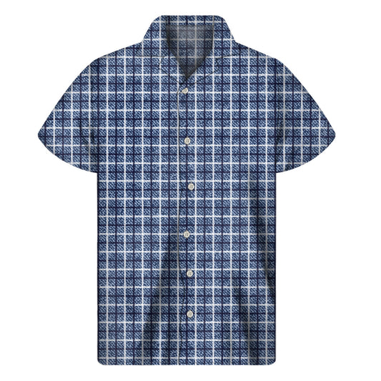 Island Vibes: Denim Tattersall Print Hawaiian Short Sleeve Shirt - 1