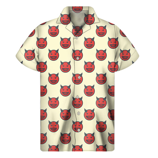 Island Vibes: Hawaiian Devil Emoji Pattern Short Sleeve Shirt - 1