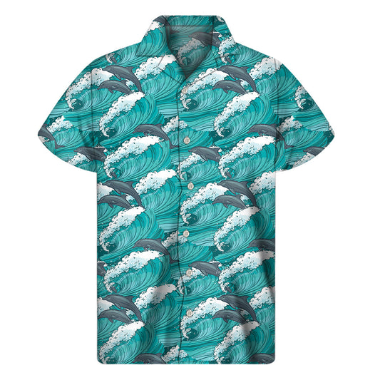 Dolphin Riding Waves Hawaiian Print Short Sleeve Shirt - 1