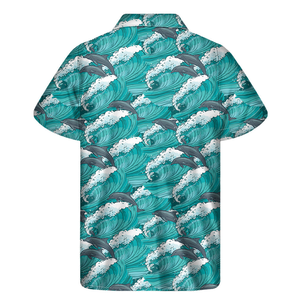 Dolphin Riding Waves Hawaiian Print Short Sleeve Shirt - 2