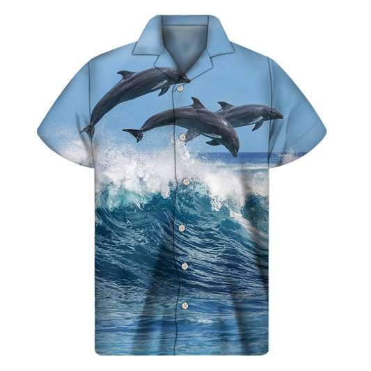 Dolphins Jumping Over Waves Hawaiian Shirt - 1