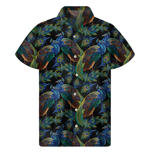 Island Vibes: Embroidered Peacock Hawaiian Short Sleeve Shirt - 1