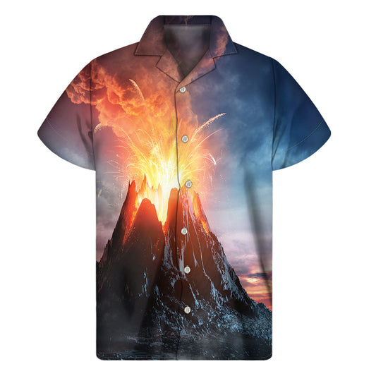 Island Flame: Men's Hawaiian Erupting Volcano Print Short Sleeve Shirt - 1