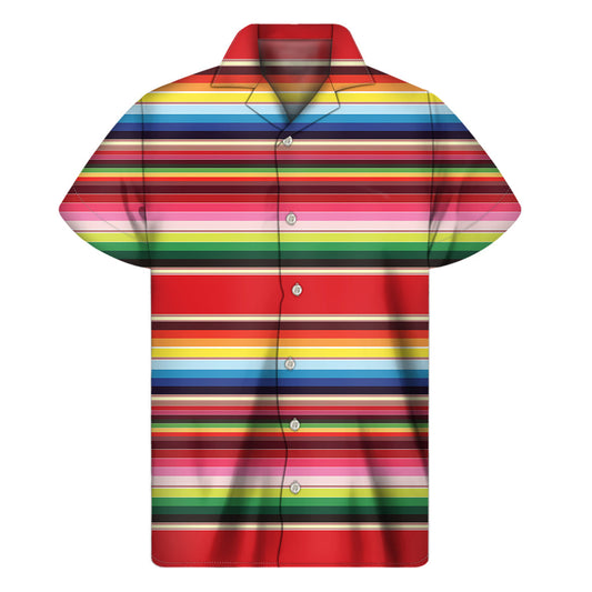 Island Breeze: Men's Hawaiian Short Sleeve Shirt with Ethnic Mexican Blanket Stripe Print - 1