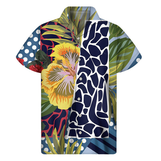Tropical Vibes: Exotic Patchwork Pattern Hawaiian Short Sleeve Shirt - 1