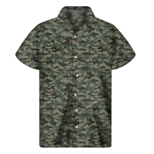 Tropical Vibes: Hawaiian Forest Green Digital Camo Pattern Print Short Sleeve Shirt - 1