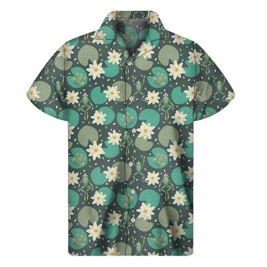 Hawaiian Vibes: Frogs and Water Lilies Pattern Print Short Sleeve Shirt - 1