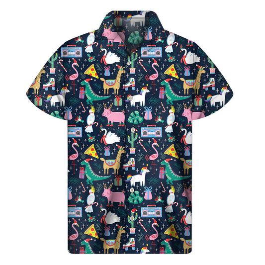 Tropical Vibes: Hawaiian Short Sleeve Shirt with Funny Christmas Animals Pattern - 1