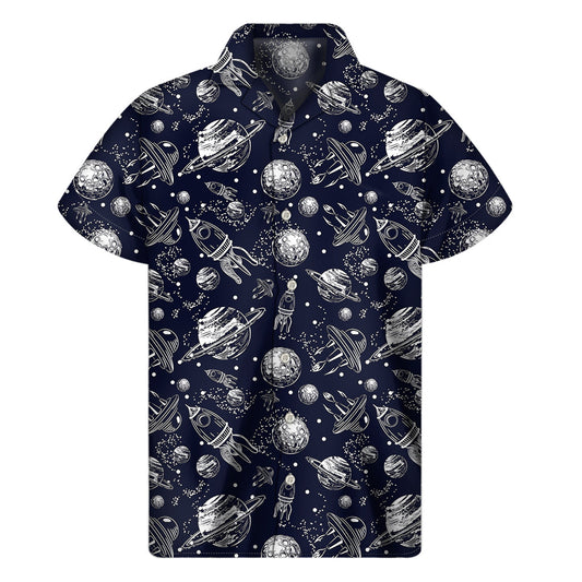 Galactic Aloha: Men's Hawaiian Short Sleeve Shirt with UFO Pattern - 1