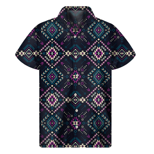 Tropical Vibes: Geometric Ethnic Navajo Print Hawaiian Short Sleeve Shirt - 1