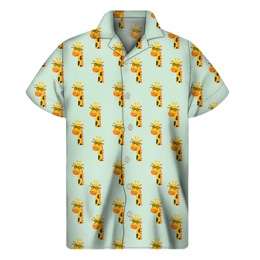 Giraffe with Glasses Hawaiian Print Short Sleeve Shirt - 1