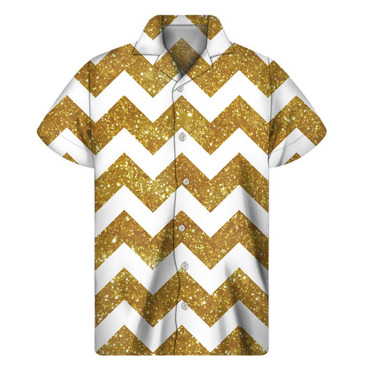 Gold and White Chevron Hawaiian Print Short Sleeve Shirt - 1