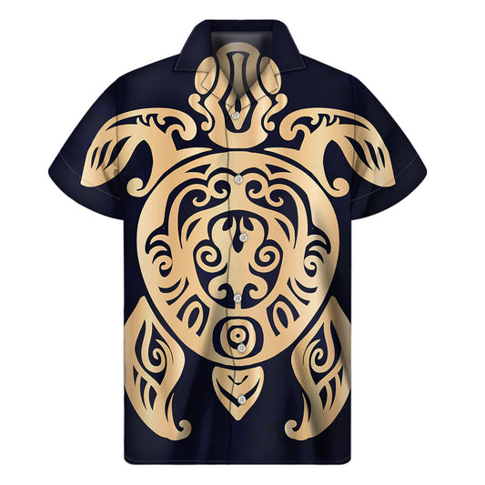 Golden Tribal Sea Turtle Print Hawaiian Short Sleeve Shirt - 1