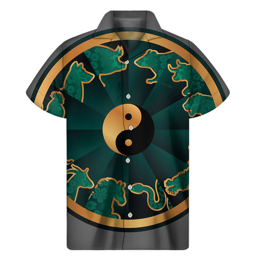Green and Gold Hawaiian Chinese Zodiac Print Short Sleeve Shirt - Embrace the Aloha Spirit - 1