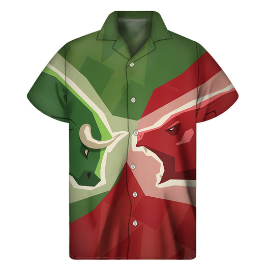 Tropical Vibes: Men's Hawaiian Short Sleeve Shirt in Green Bull and Red Bear Print - 1