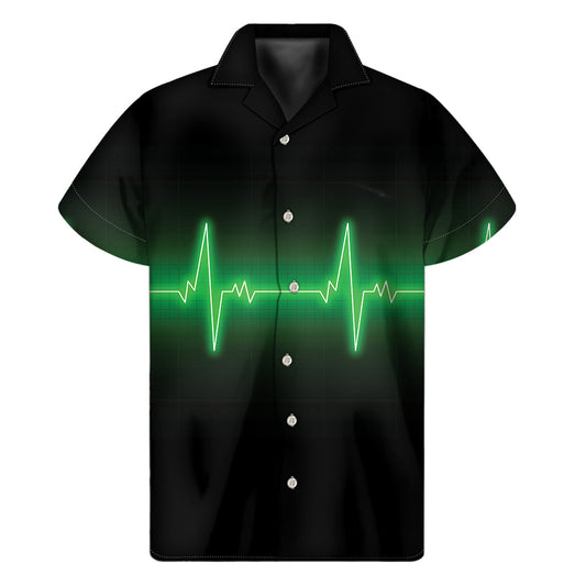 Island Vibes: Hawaiian Green Heartbeat Print Short Sleeve Shirt - 1