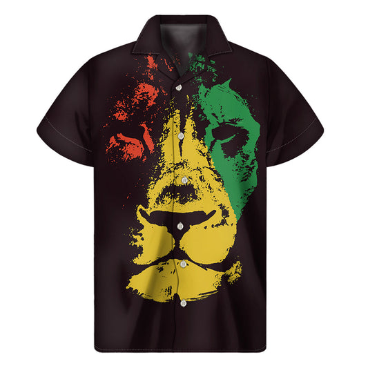 Grunge Rasta Lion Print Hawaiian Short Sleeve Shirt - 1
