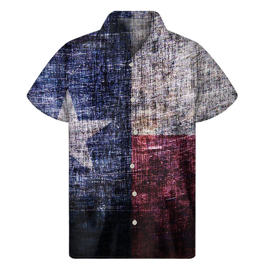Hawaiian Vibes: Grunge Texas Flag Print Short Sleeve Shirt - 1