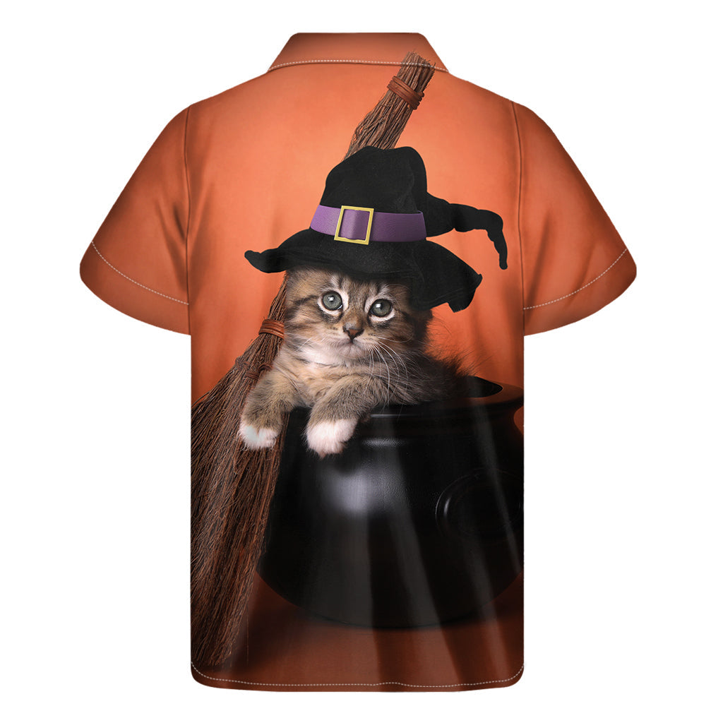 Tropical Elegance: Men's Hawaiian Witch Cat Print Short Sleeve Shirt - 2