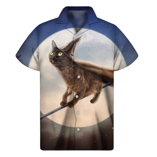 Flying Witch Cat Hawaiian Shirt: A Spooky Twist on Traditional Aloha Wear - 1