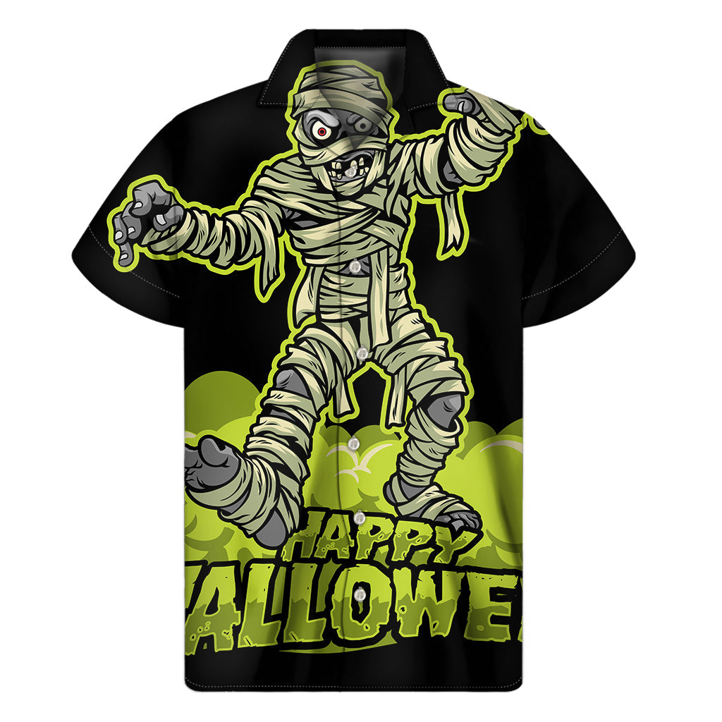 Spooky Tiki Vibes: Men's Halloween Mummy Print Hawaiian Short Sleeve Shirt - 1