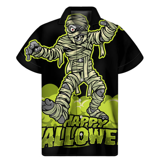 Spooky Tiki Vibes: Men's Halloween Mummy Print Hawaiian Short Sleeve Shirt - 1
