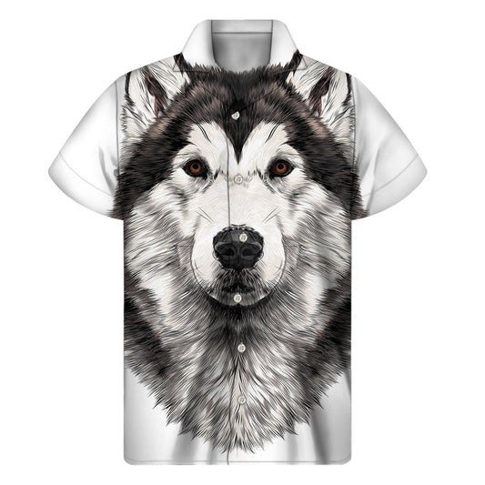 Tropical Vibes: Hawaiian Short Sleeve Shirt with Hand-Drawn Alaskan Malamute Print - 1