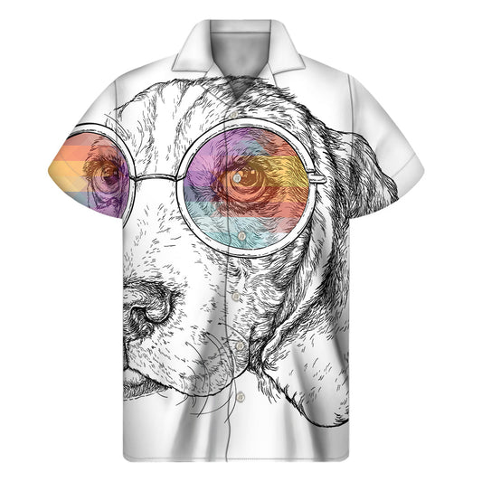 Hipster Beagle with Glasses Hawaiian Print Short Sleeve Shirt - 1