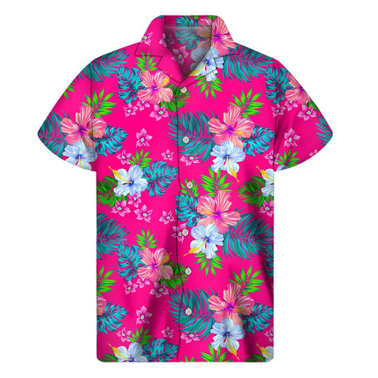Hot Pink Aloha Hibiscus Hawaiian Short Sleeve Shirt - 1