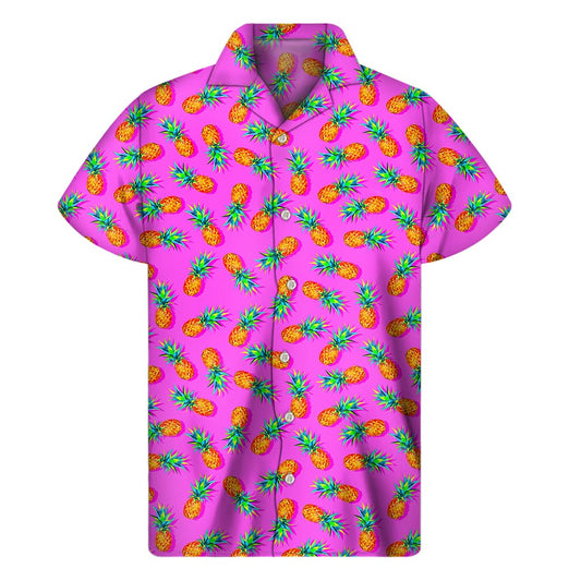 Island Vibes: Hot Pink Pineapple Pattern Printed Hawaiian Short Sleeve Shirt - 1