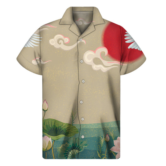 Tropical Vibes: Japanese Cranes at Sunset Hawaiian Short Sleeve Shirt - 1