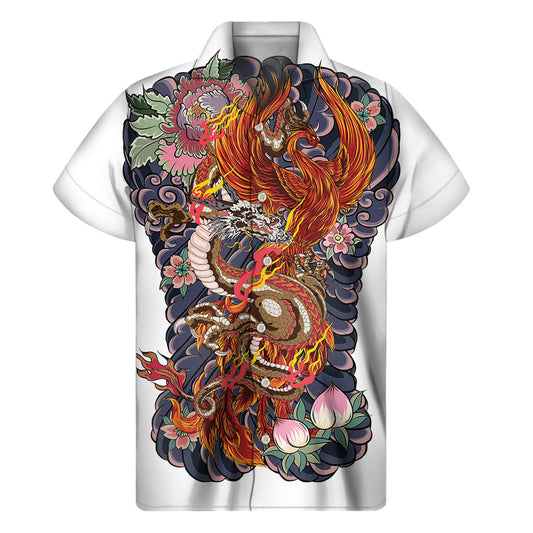 Hawaiian Dragon and Phoenix Tattoo Print Short Sleeve Shirt - 1